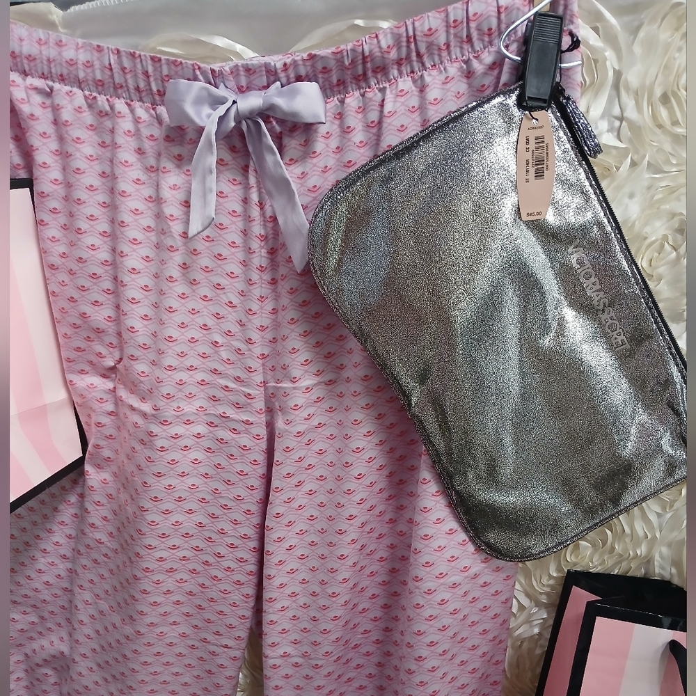 Victoria's Secret Pink Patterned Pajama Pants Sz L, Top And Overnight Pouch Bnwt - Picture 2 of 9